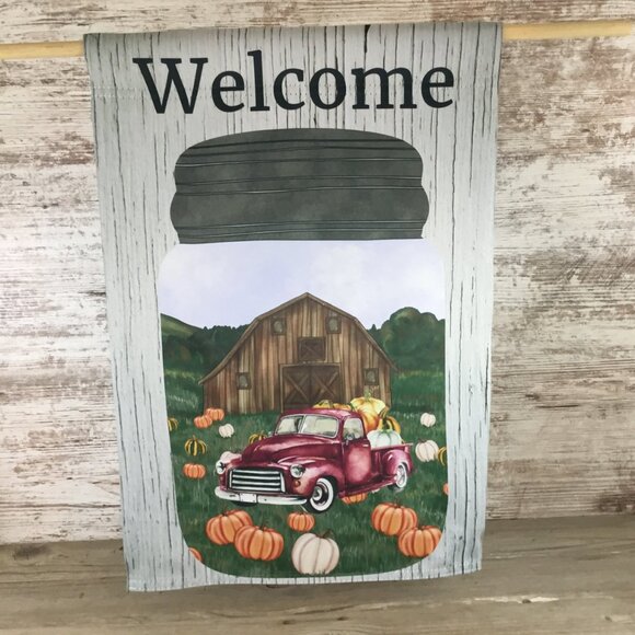 Welcome Mason Jar Scene with Red Truck and Pumpkins Fall Garden Flag - Picture 5 of 5